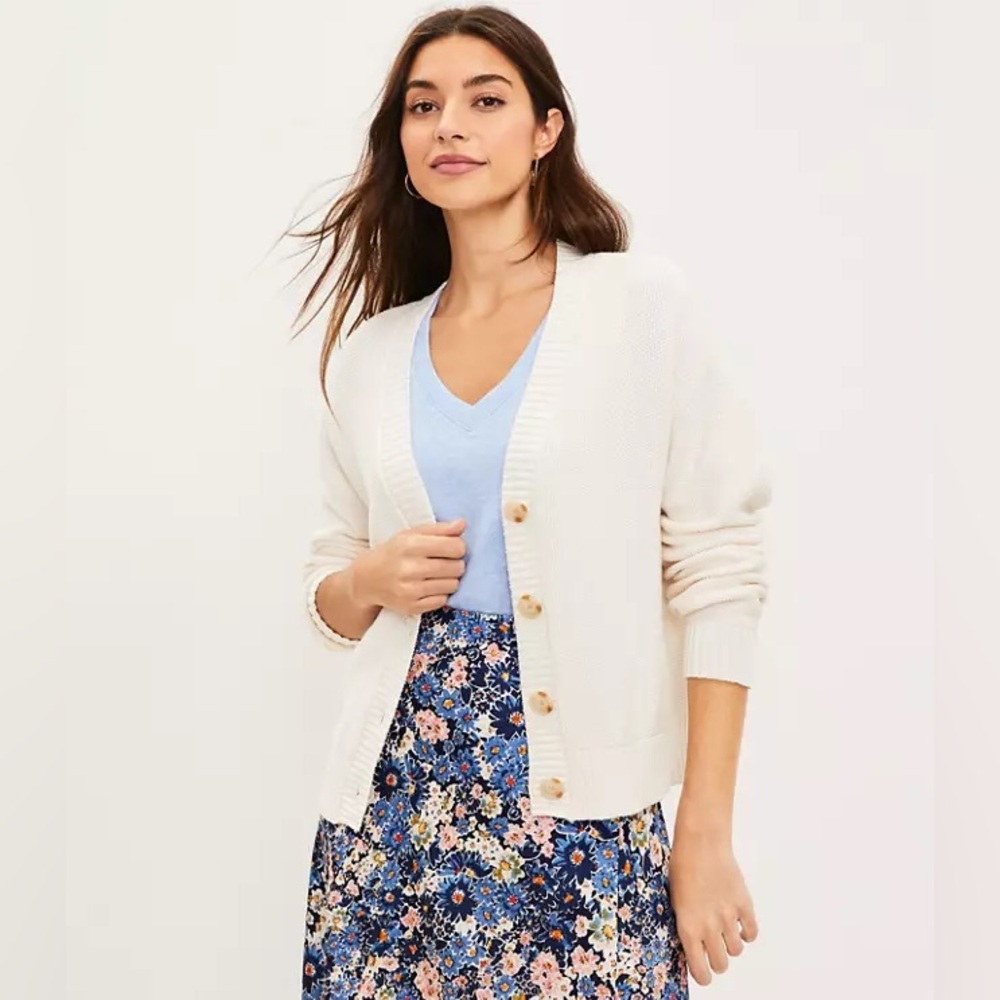 LOFT Stitchy V Neck Cardigan; Whisper White; XL; Cream Cardigan; 100% Cotton